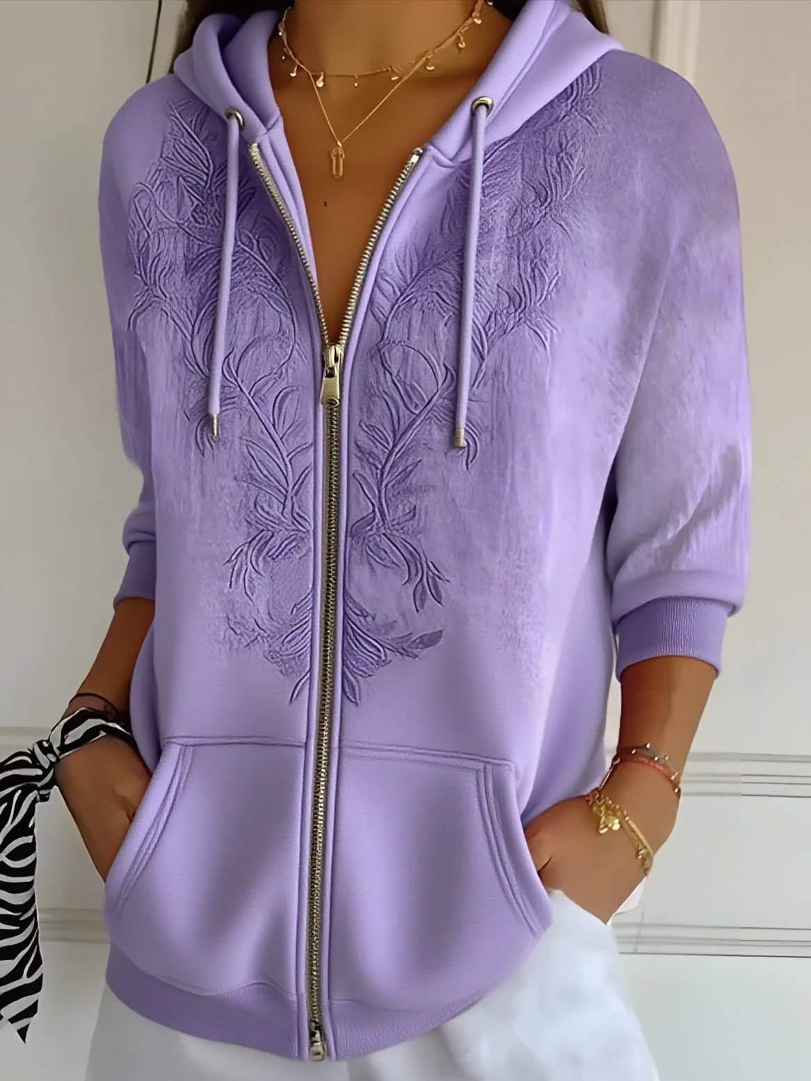 Women's Floral Embroidered Zip Up Hoodie Vintage Casual