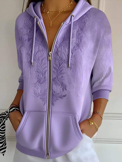 Women's Floral Embroidered Zip Up Hoodie Vintage Casual