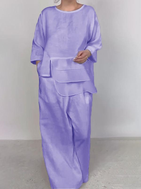 Satin Layered Top Wide Leg Pants Two Piece Set