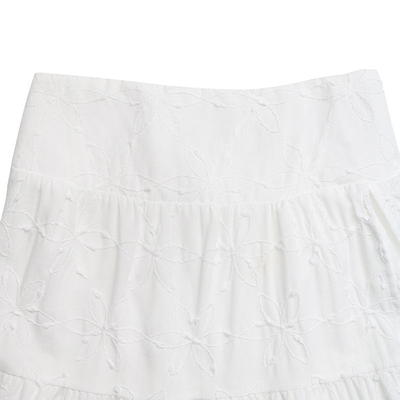 White Boho Maxi Skirt High Slit Embroidered Flowy Summer Vacation