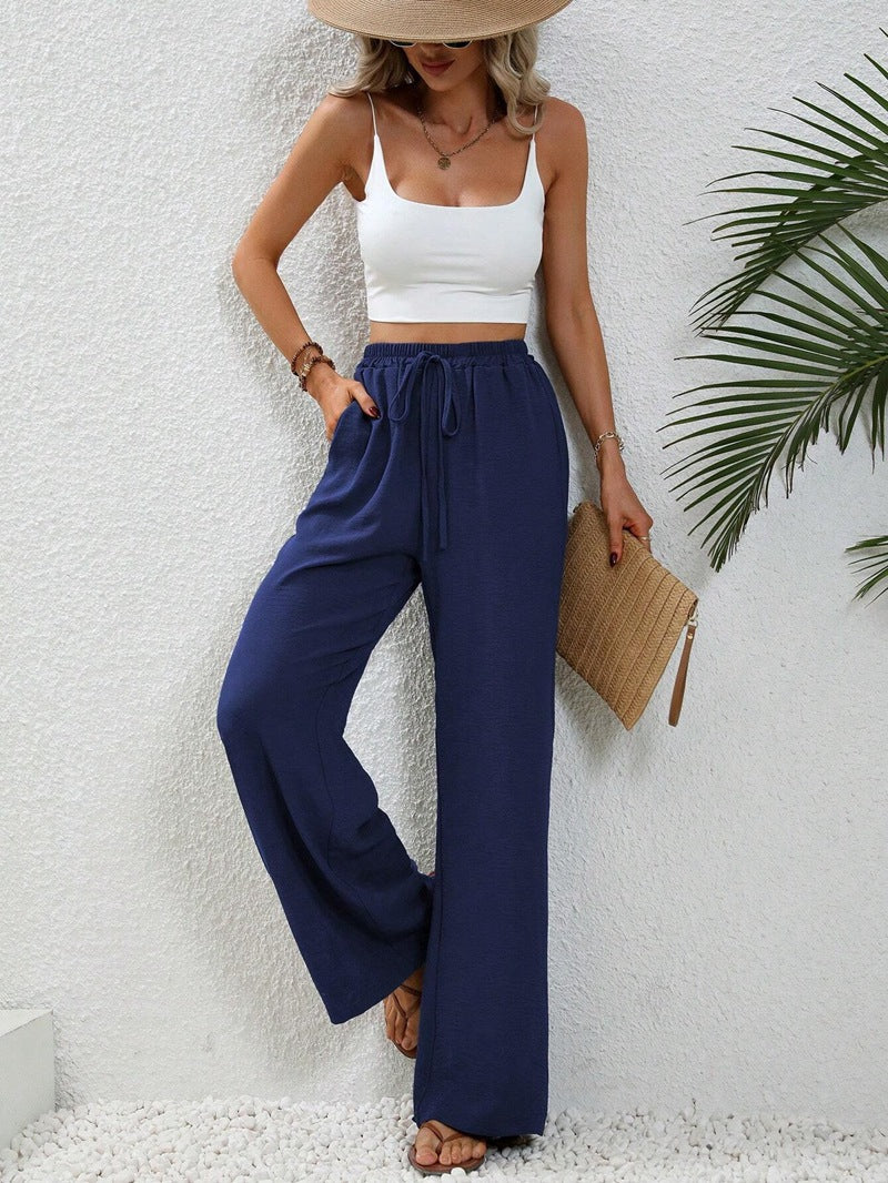 2025 Spring Summer High-Waist Solid Color Wide-Leg Casual Pants