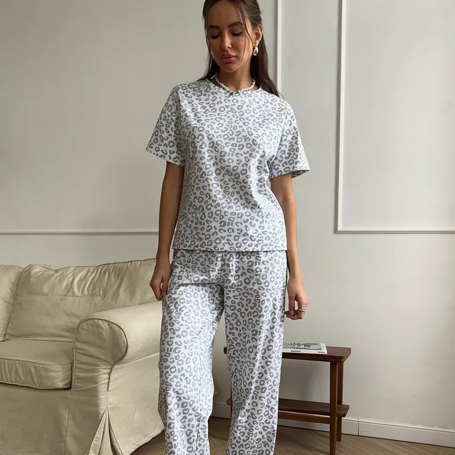 Leopard Print Pajama Set Short Sleeve Lounge Pants