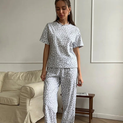 Leopard Print Pajama Set Short Sleeve Lounge Pants