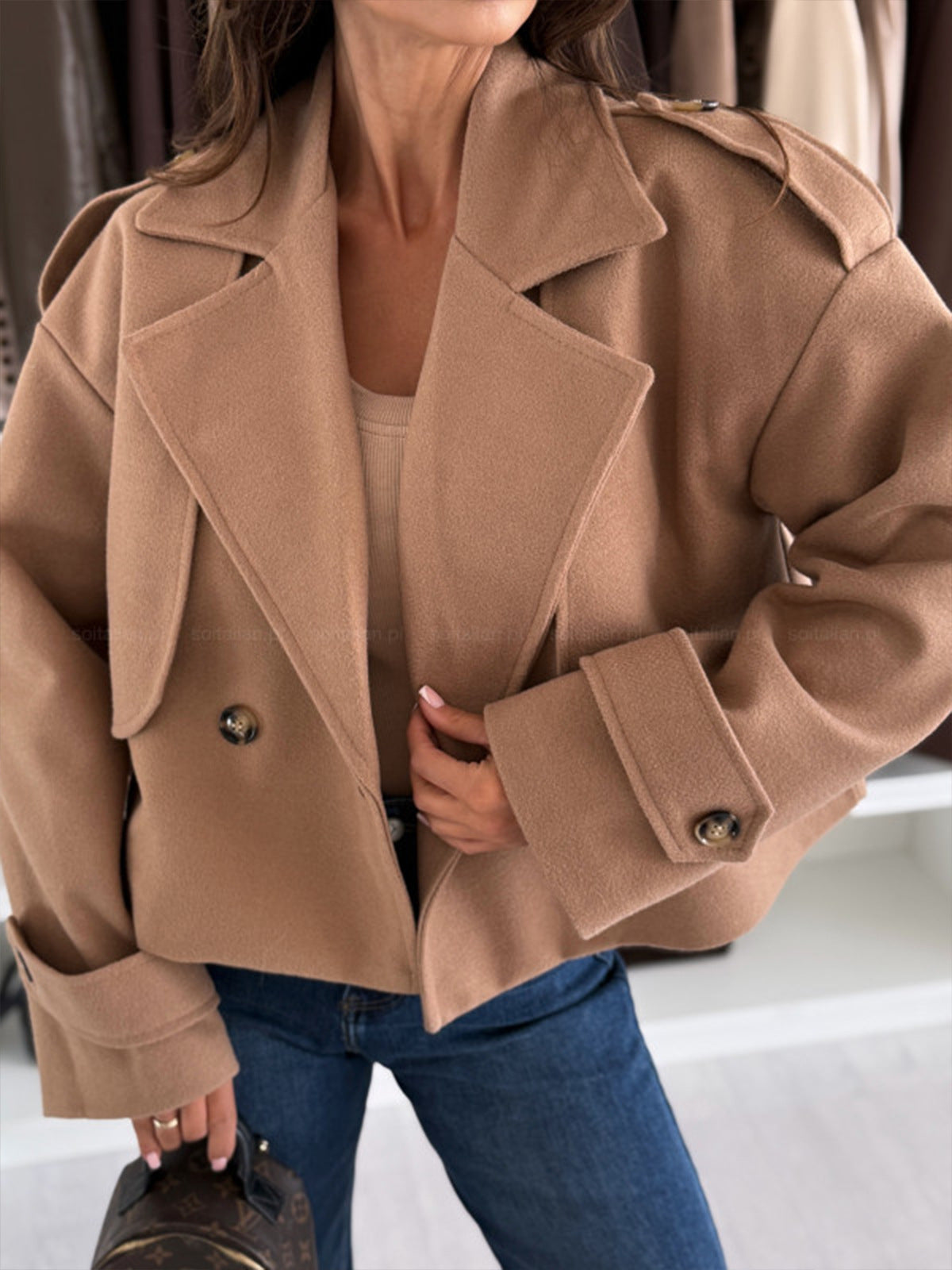 Women's Cropped Lapel Jacket Oversized Woven Coat