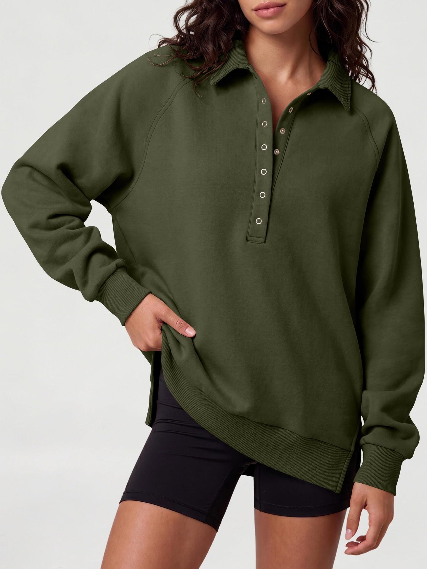 Women's Oversized Collared Button Pullover Sweatshirt