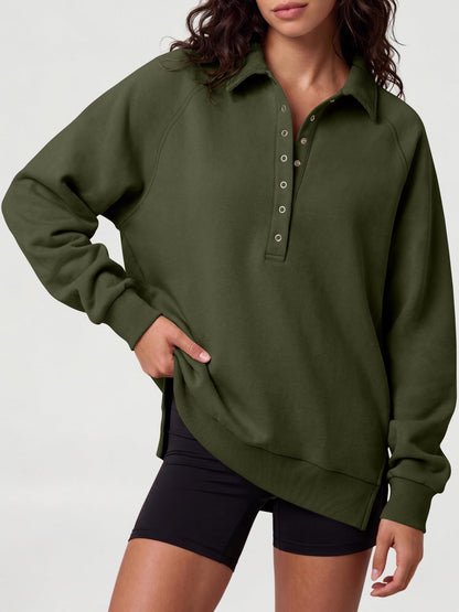 Women's Oversized Collared Button Pullover Sweatshirt
