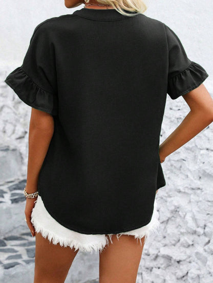 Cotton Linen Pleated Button Down Mandarin Collar Top