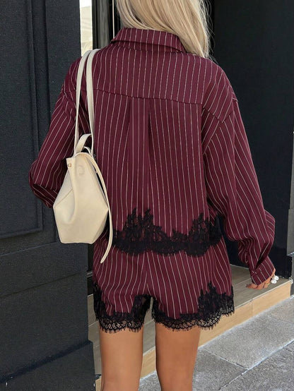 Lace Trim Striped Shirt & Drawstring Shorts Set