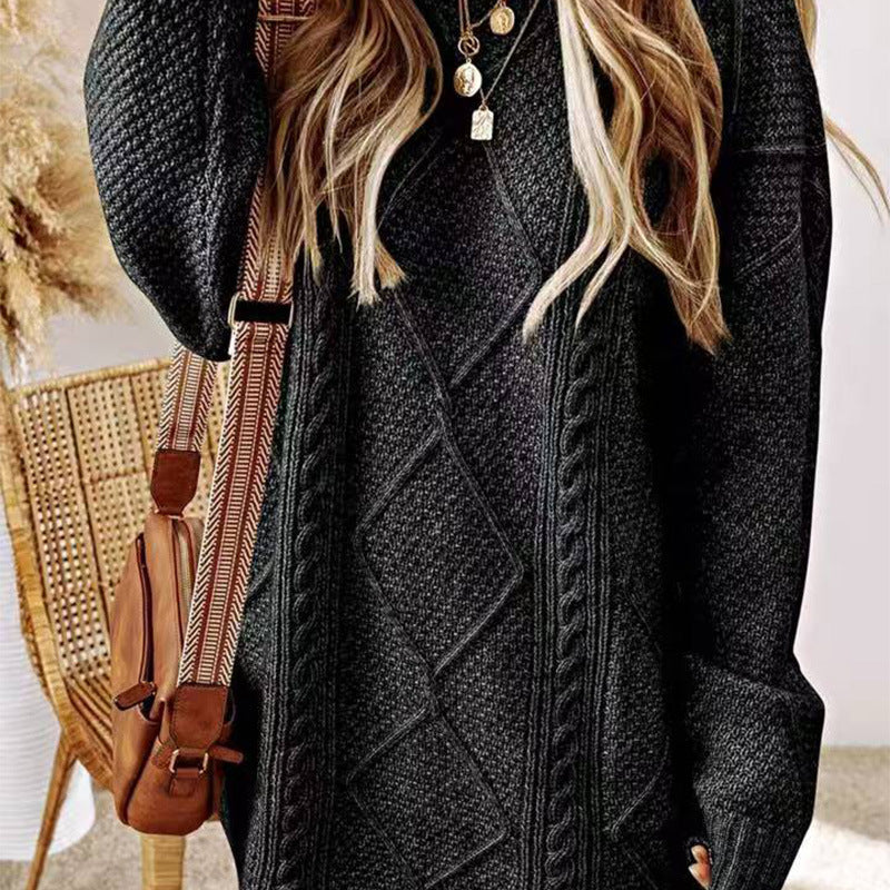 Oversized Chunky Cable Knit Sweater Dress Crew Neck