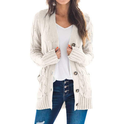 Womens Chunky Cable Knit Button Cardigan Sweater Pockets