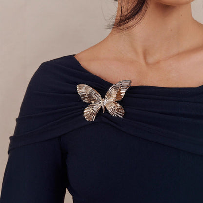 Off Shoulder Ruched Long Sleeve Top with Butterfly Brooch