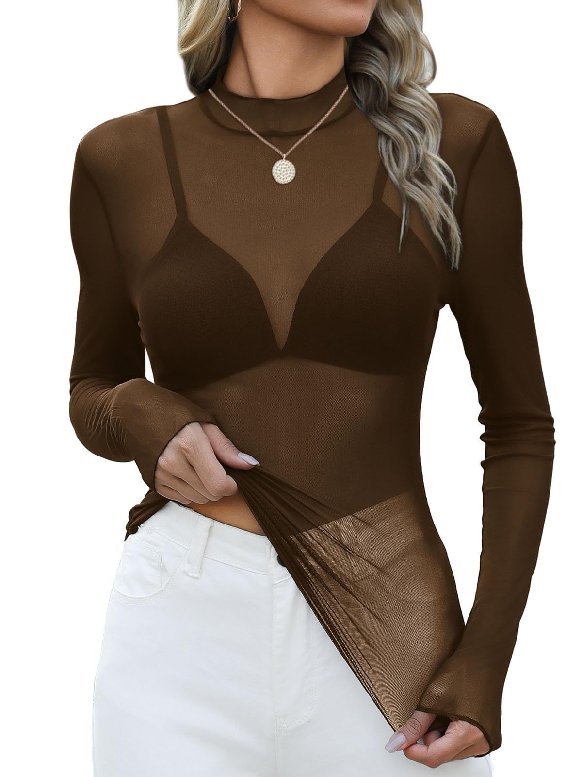 Y2K Mesh Semi-Turtleneck Sexy Long Sleeve T-Shirt