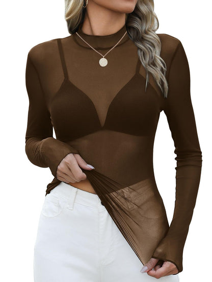 Y2K Mesh Semi-Turtleneck Sexy Long Sleeve T-Shirt