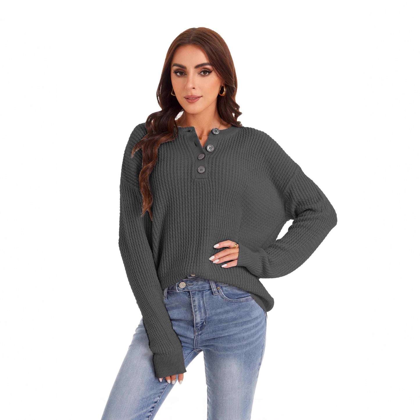 Women’s Button Henley Knit Sweater Relaxed Long Sleeve