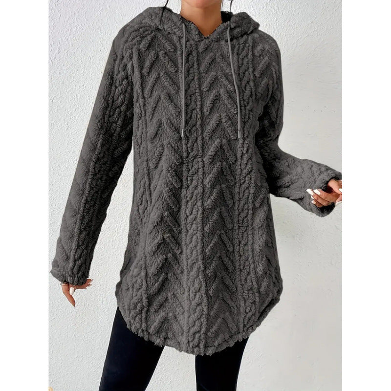 Women's Fuzzy Cable Knit Hoodie Drawstring Tunic Top