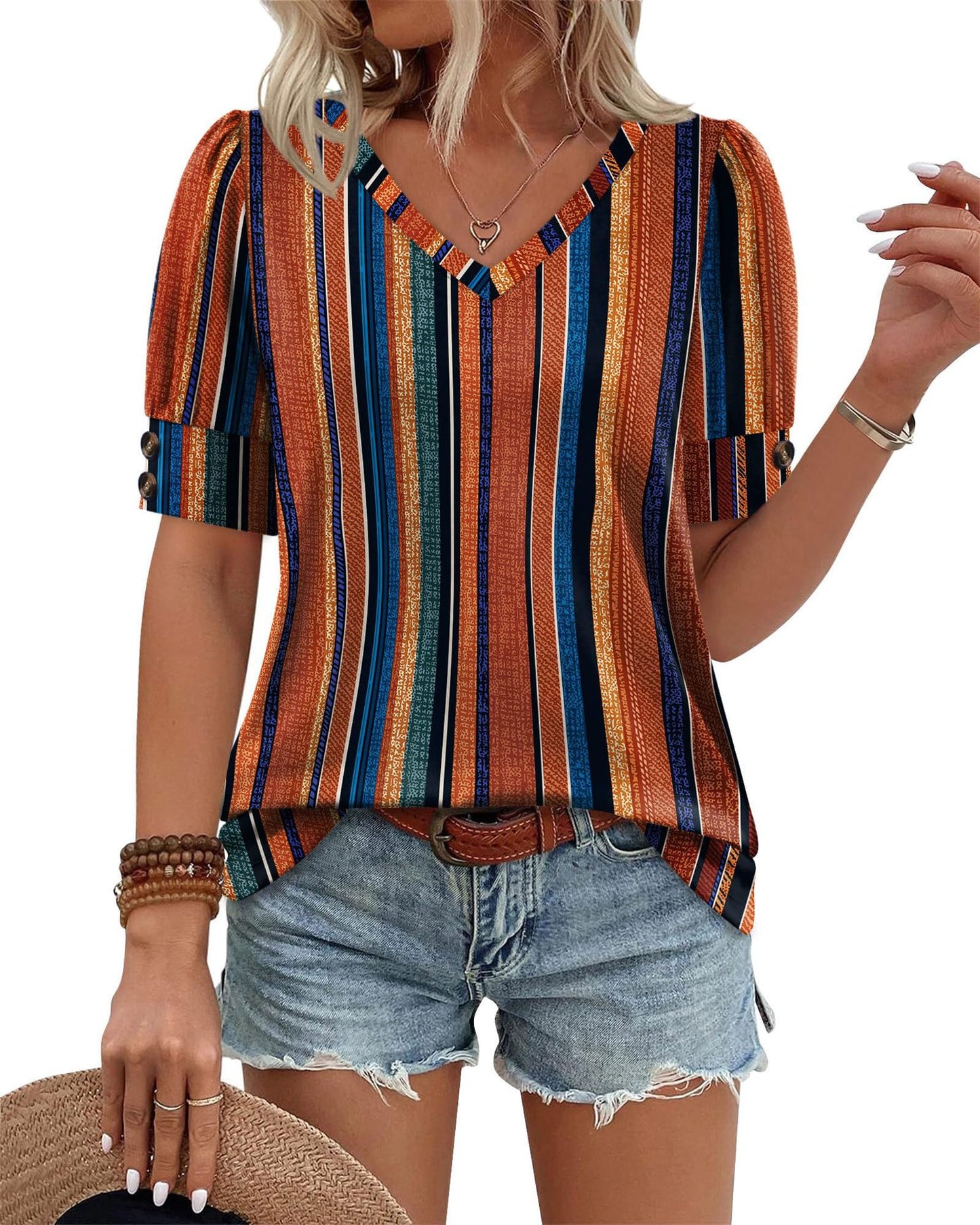 Solid Color V Neck Button Sleeve Puff Top Casual Tee
