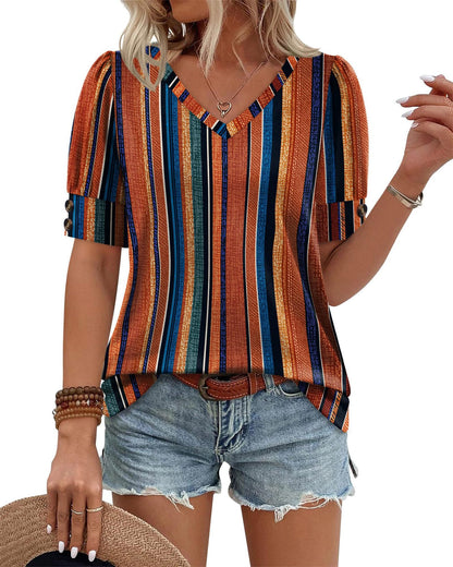 Solid Color V Neck Button Sleeve Puff Top Casual Tee