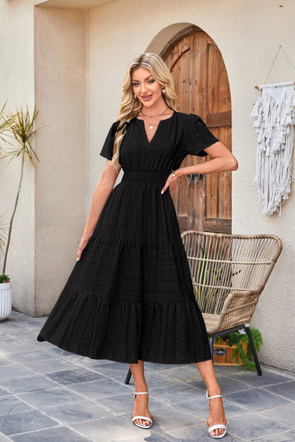 Solid Cotton Maxi Dress V Neck Puff Sleeve Smocked Dress