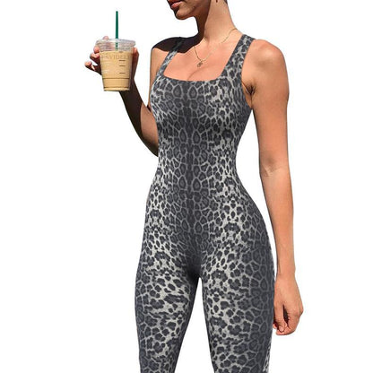Women's Animal Print Square Neck Backless Bodycon Jumpsuit