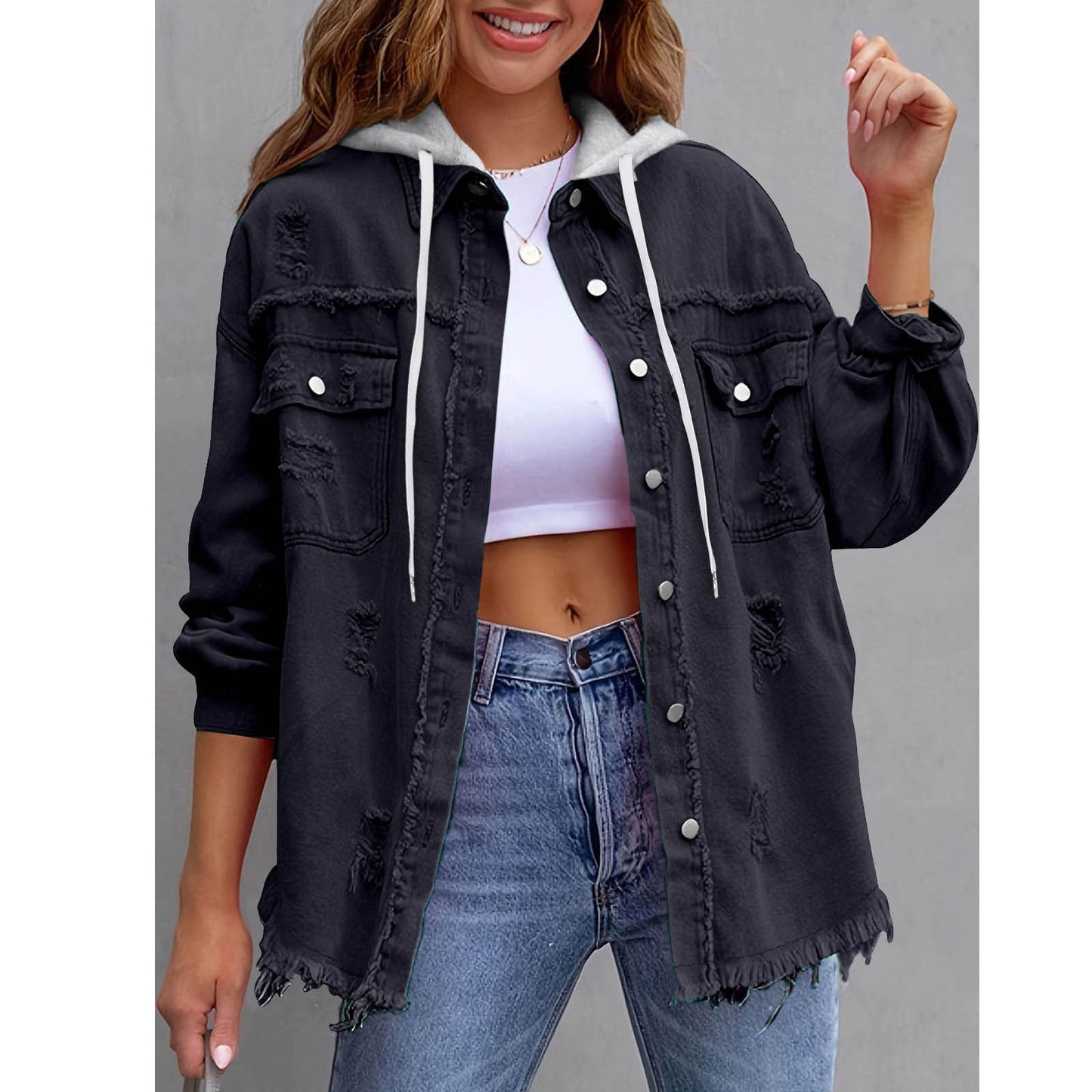 Distressed hooded denim jacket oversized fit