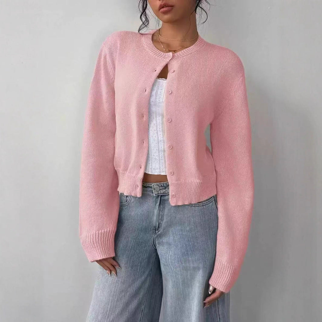 Women Cropped Knit Cardigan Long Sleeve Button Front Loose