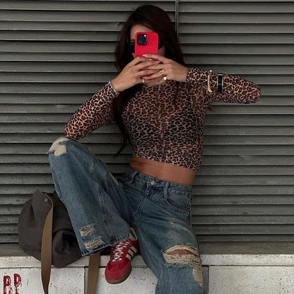Leopard Print Sheer Mesh Long Sleeve Crop Top