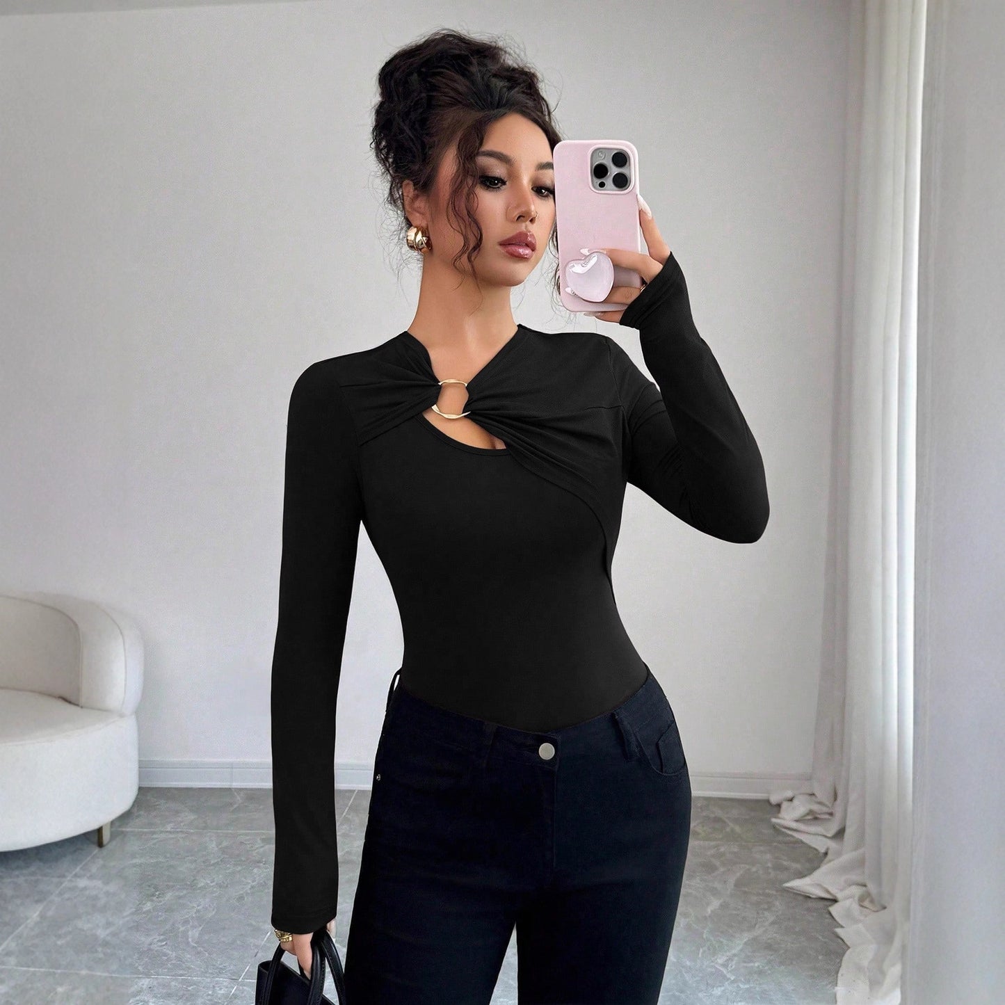 Asymmetrical Cutout Ring Detail Slim Fit Long Sleeve Top