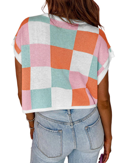 Women’s Colorblock Checkerboard Knit Crop Sweater Tee