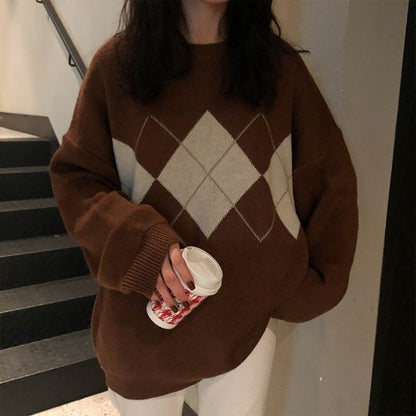 Women's Oversized Argyle Crew Neck Sweater