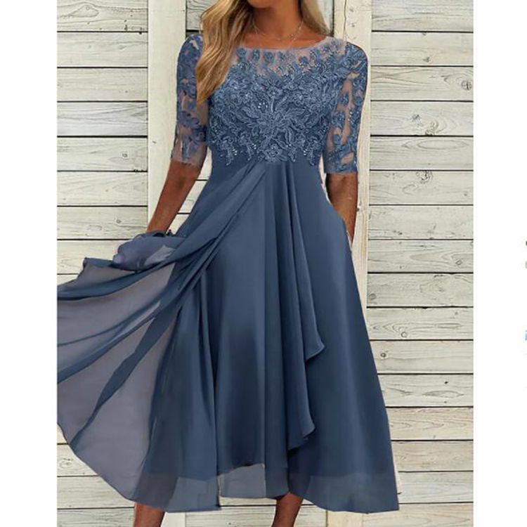 Women's Lace Chiffon Wedding Guest Midi Dress
