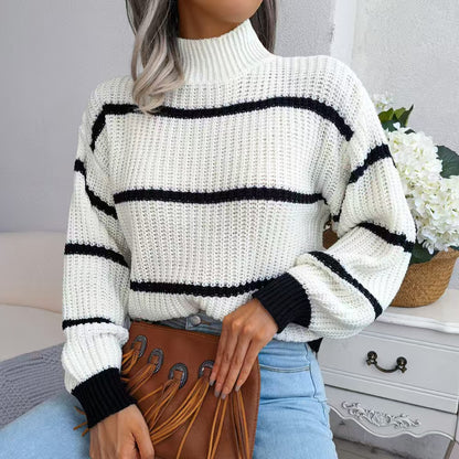 Women's Striped Balloon Sleeve Mock Neck Knit Sweater