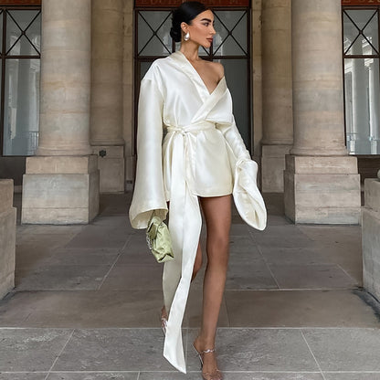 Sexy Satin V-Neck Tie Waist Long Sleeve Mini Dress