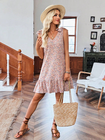 Floral V Neck Tie Shoulder Ruffle Hem Mini Dress