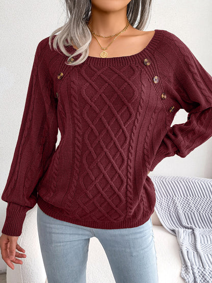 2025 Fall Winter Casual Square Neck Button Detail Cable Knit Sweater