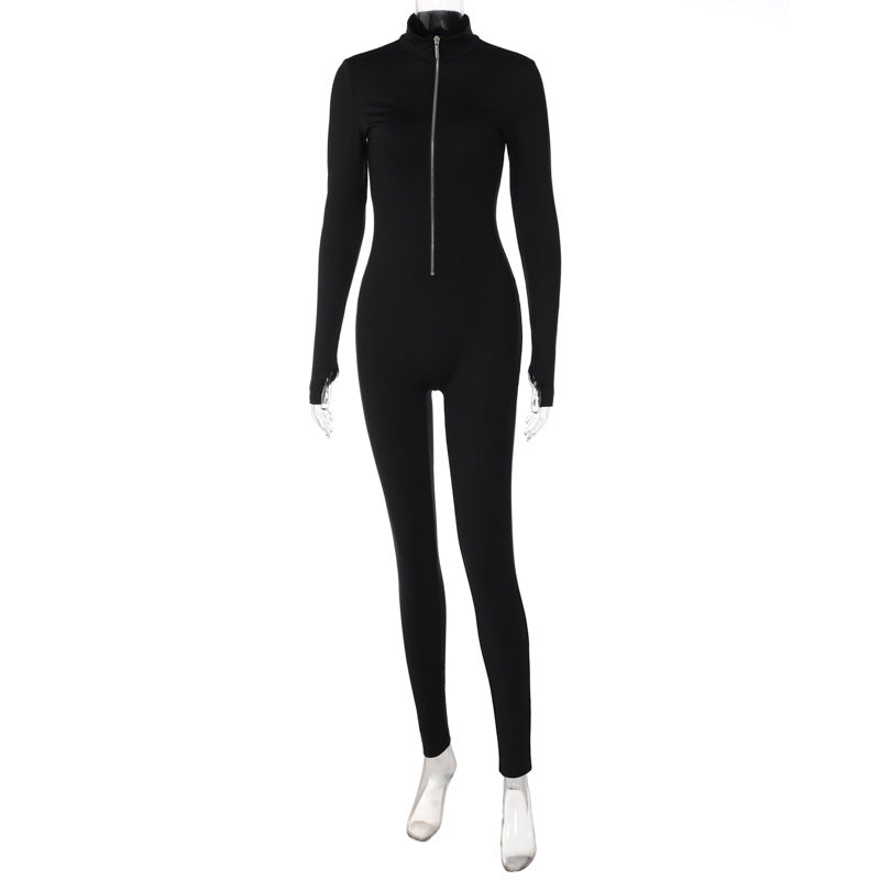Zip Front Bodycon Jumpsuit Long Sleeve High Waist Yoga