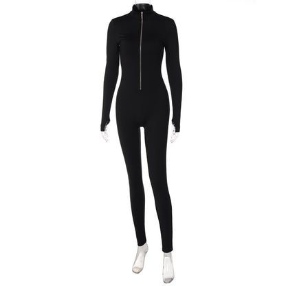 Zip Front Bodycon Jumpsuit Long Sleeve High Waist Yoga