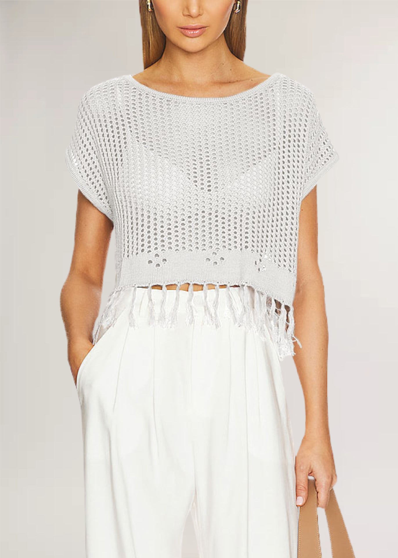 Fringe Knit Top Hollow Out Cropped Beach Cover Up