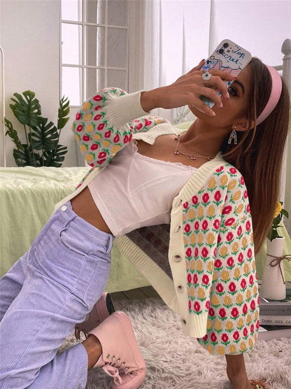 Women's Floral Button Front Crop Cardigan Sweater