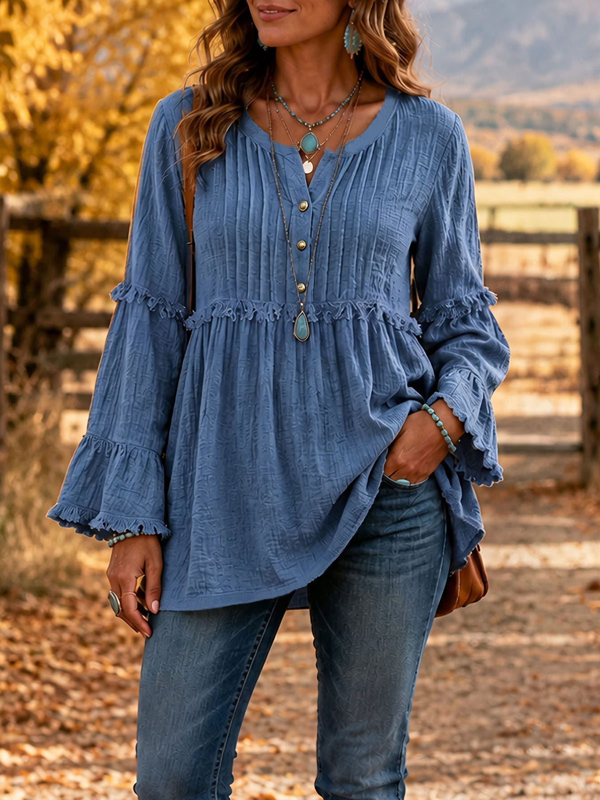 Women's Boho Ruffle V Neck Button Bell Sleeve Tunic Top