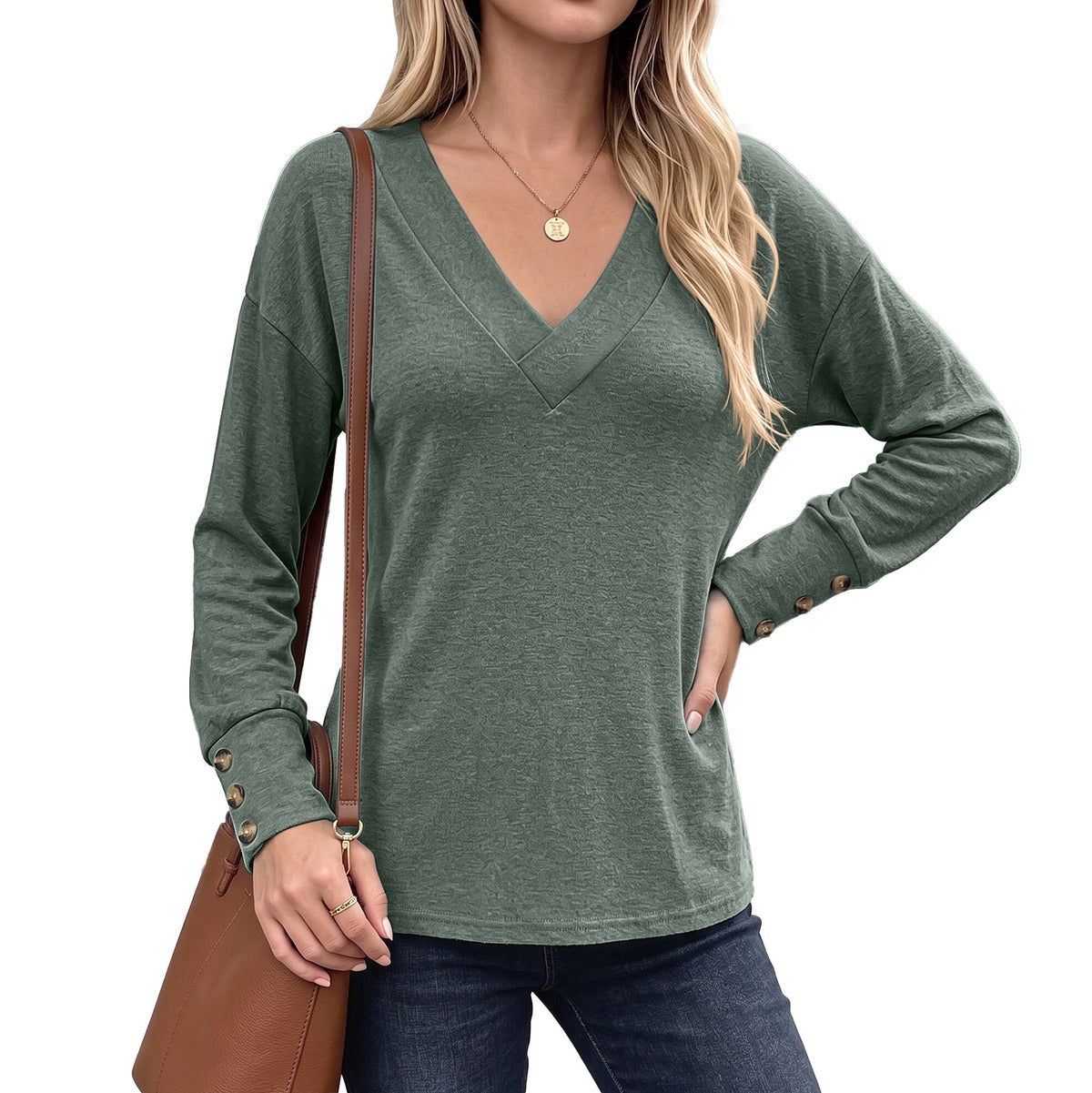 Womens Oversized V Neck Long Sleeve Button Cuff Top