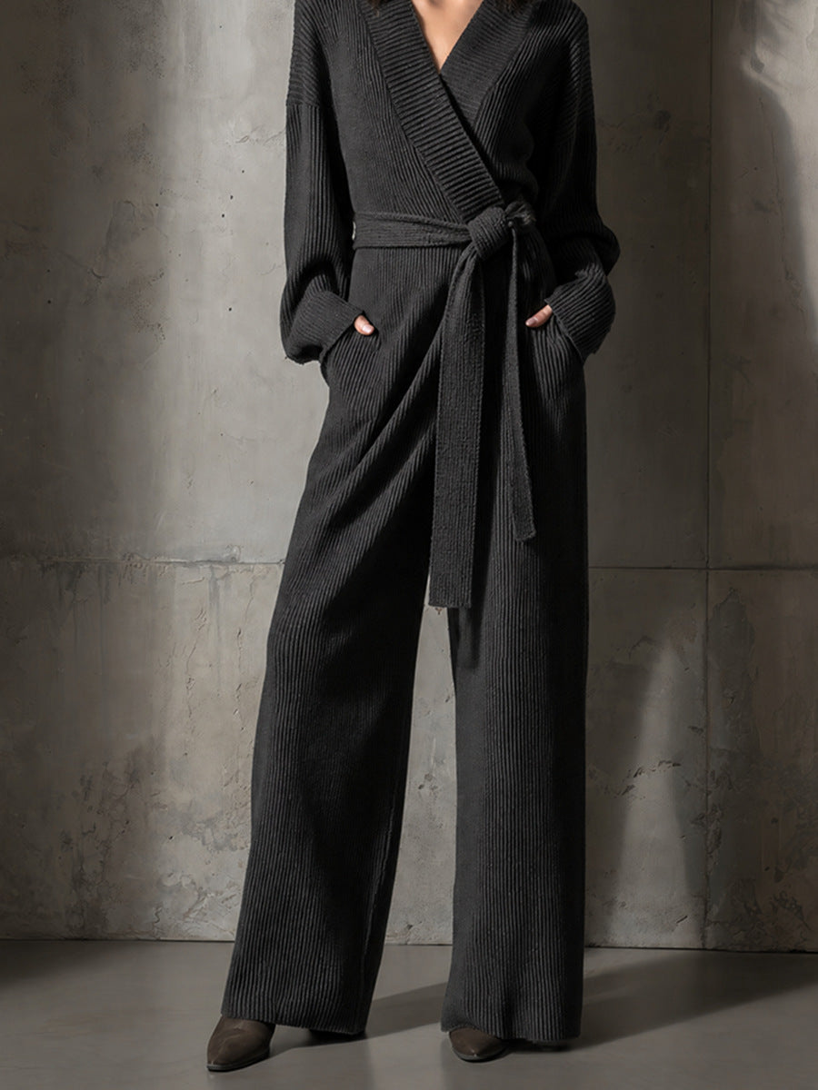 Women's Ribbed Knit Wrap Belted Jumpsuit Wide Leg