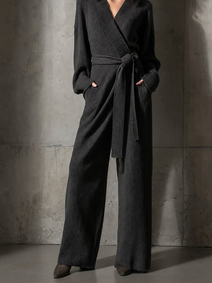Women's Ribbed Knit Wrap Belted Jumpsuit Wide Leg