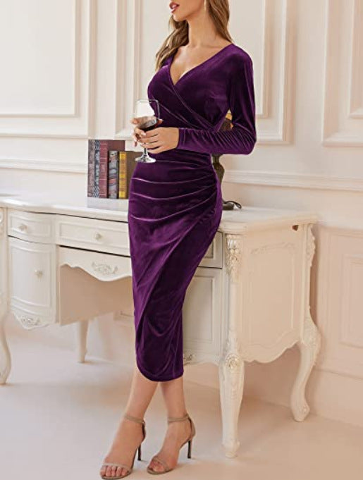Velvet Wrap V Neck Long Sleeve Bodycon Midi Dress