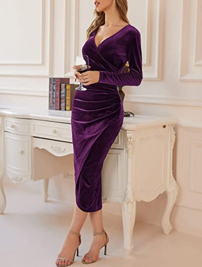 Velvet Wrap V Neck Long Sleeve Bodycon Midi Dress