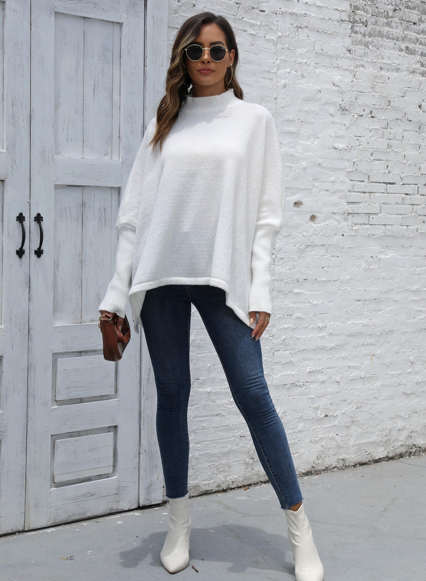 Ladies Loose Split Split Bat Sleeve Half Turtleneck Sweater