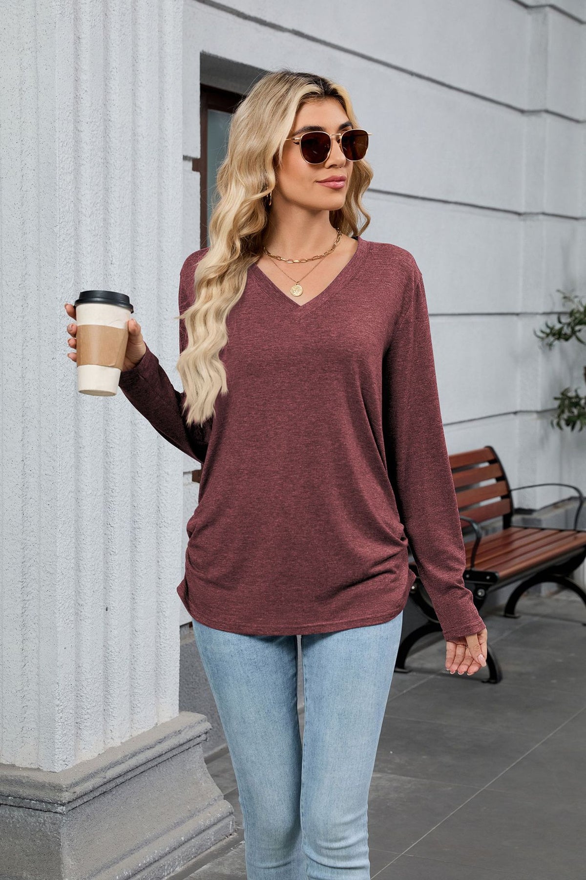 Women's V-Neck Long Sleeve Oversized Tunic Top Shirred