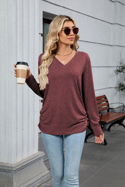 Women's V-Neck Long Sleeve Oversized Tunic Top Shirred