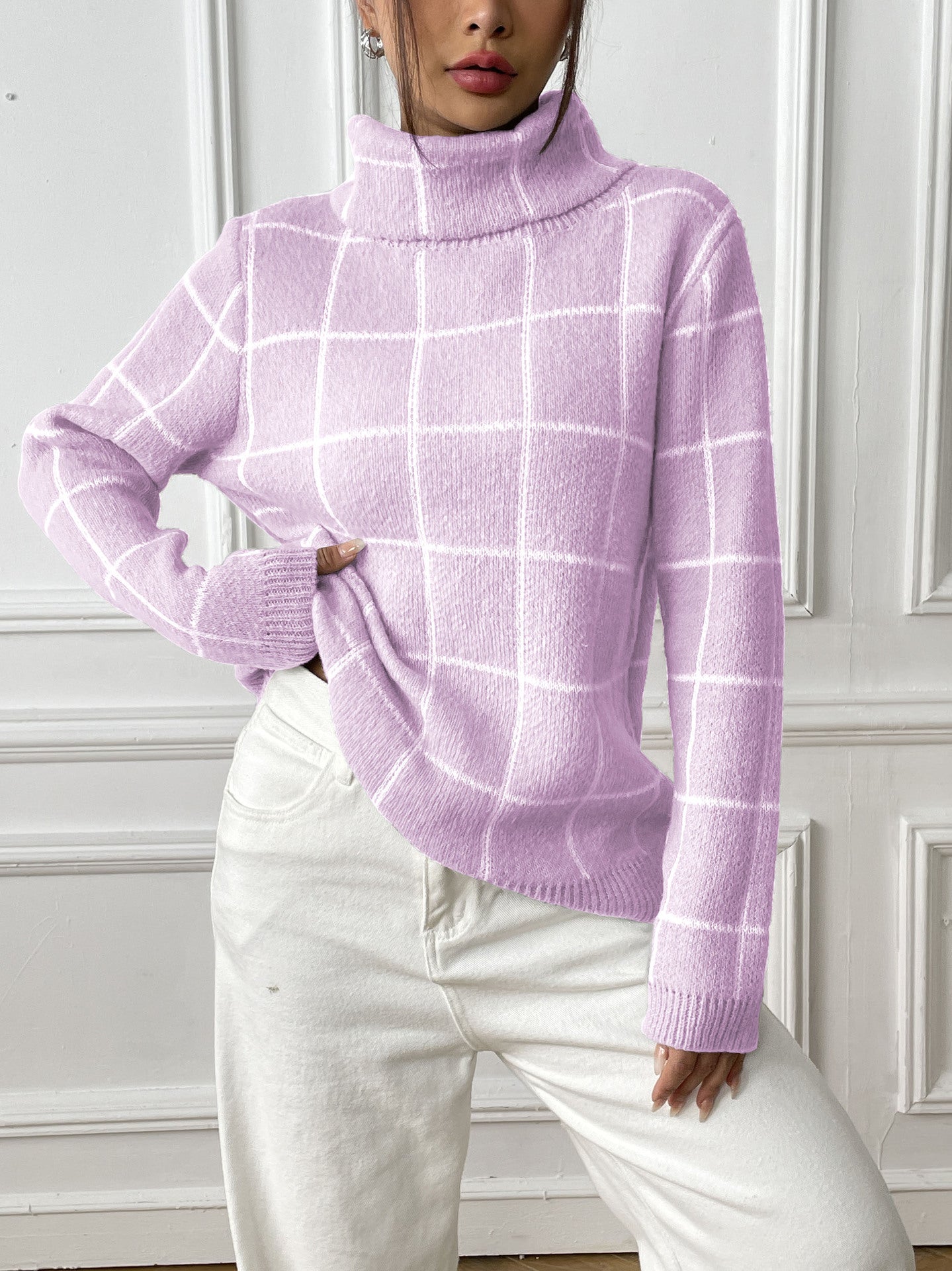 Women's Long Sleeve Bottom Shirt Contrast Checked Turtleneck