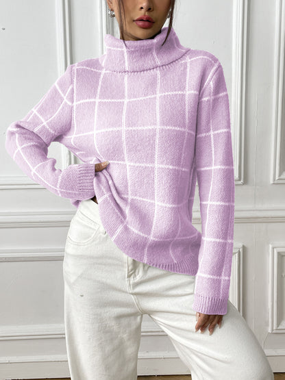 Women's Long Sleeve Bottom Shirt Contrast Checked Turtleneck