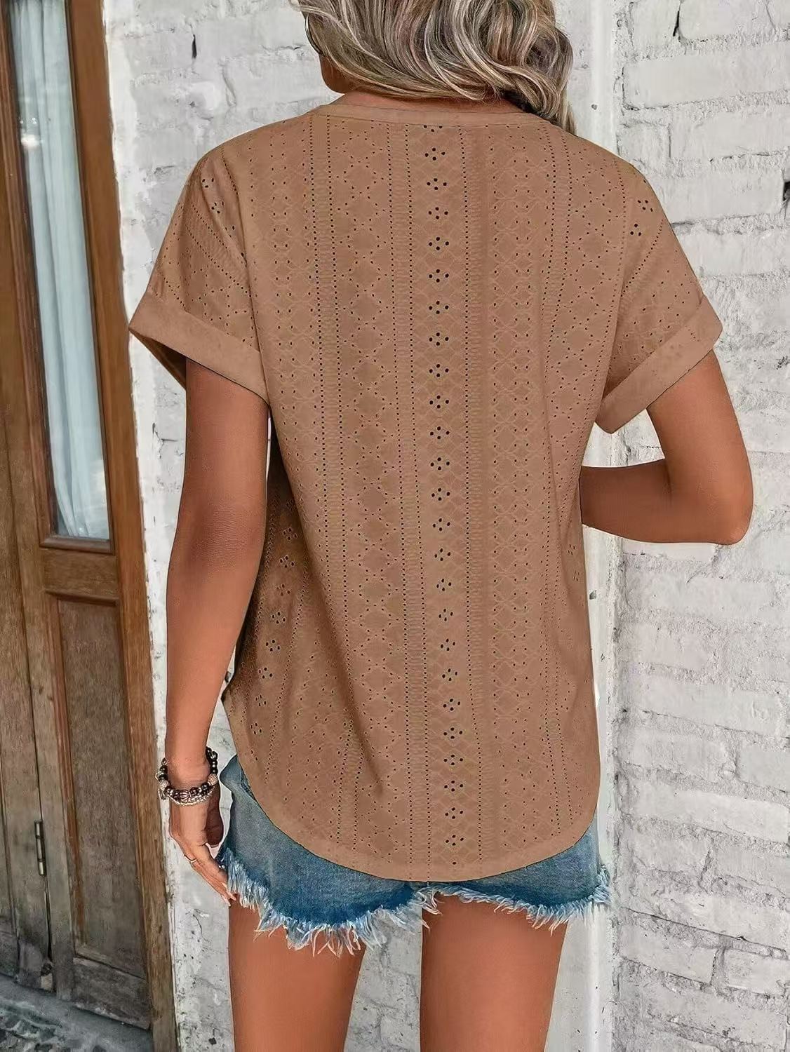 Solid Eyelet Short Sleeve Tee Loose Fit Casual Top